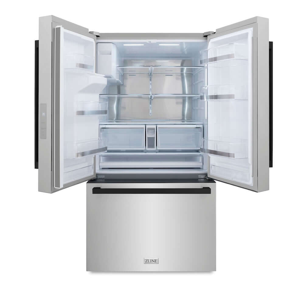 ZLINE Autograph Edition 36 in. 28.9 cu. ft. Standard-Depth French Door External Water Dispenser Refrigerator with Dual Ice Maker in Fingerprint-Resistant Stainless Steel and Matte Black Modern Handles (RSMZ-W-36-FMB) front, open.