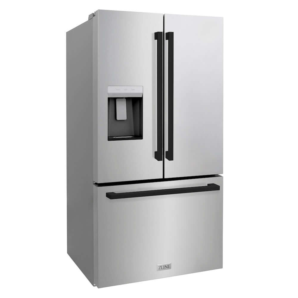 ZLINE Autograph Edition 36 in. 28.9 cu. ft. Standard-Depth French Door External Water Dispenser Refrigerator with Dual Ice Maker in Fingerprint-Resistant Stainless Steel and Matte Black Modern Handles (RSMZ-W-36-FMB) side.
