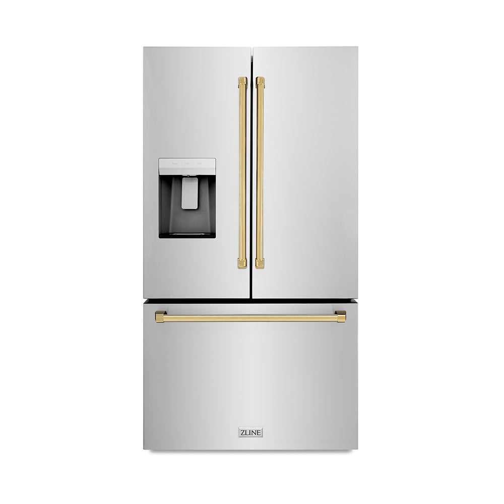 ZLINE Autograph Edition 36 in. 28.9 cu. ft. Standard-Depth French Door External Water Dispenser Refrigerator with Dual Ice Maker in Fingerprint-Resistant Stainless Steel and Polished Gold Traditional Handles (RSMZ-W-36-G) main image.