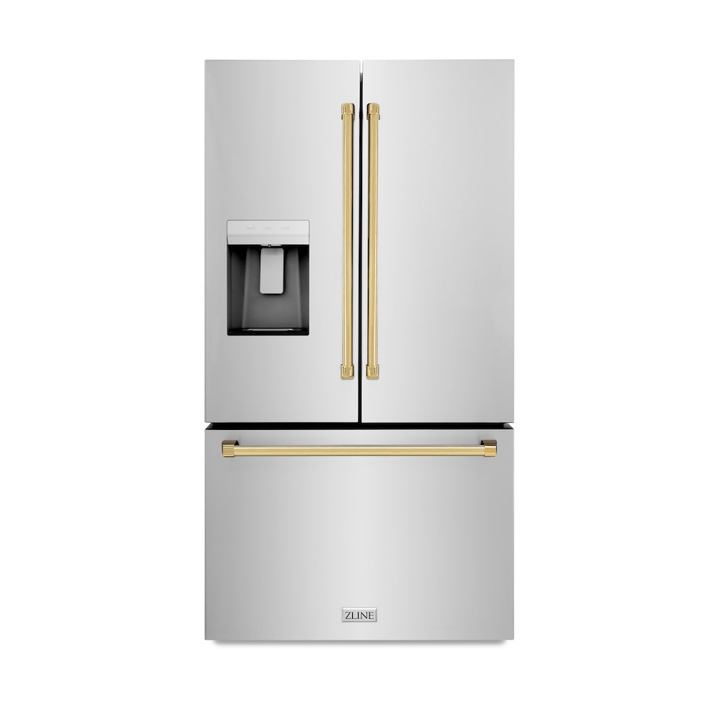 ZLINE Autograph Edition 36" Standard-Depth French Door Stainless Steel Refrigerator with Polished Gold Accents (RSMZ-W-36-G)