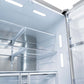 ZLINE Autograph Edition 36 in. 28.9 cu. ft. Standard-Depth French Door External Water Dispenser Refrigerator with Dual Ice Maker in Fingerprint-Resistant Stainless Steel and Champagne Bronze Helix Handles (RSMZ-W-36-KCB) refrigeration interior with internal LED light reflecting off the metallic surfaces.