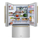ZLINE Autograph Edition 36 in. 28.9 cu. ft. Standard-Depth French Door External Water Dispenser Refrigerator with Dual Ice Maker in Fingerprint-Resistant Stainless Steel and Champagne Bronze Helix Handles (RSMZ-W-36-KCB) front, open with various food and drink items on shelves and in door bins.