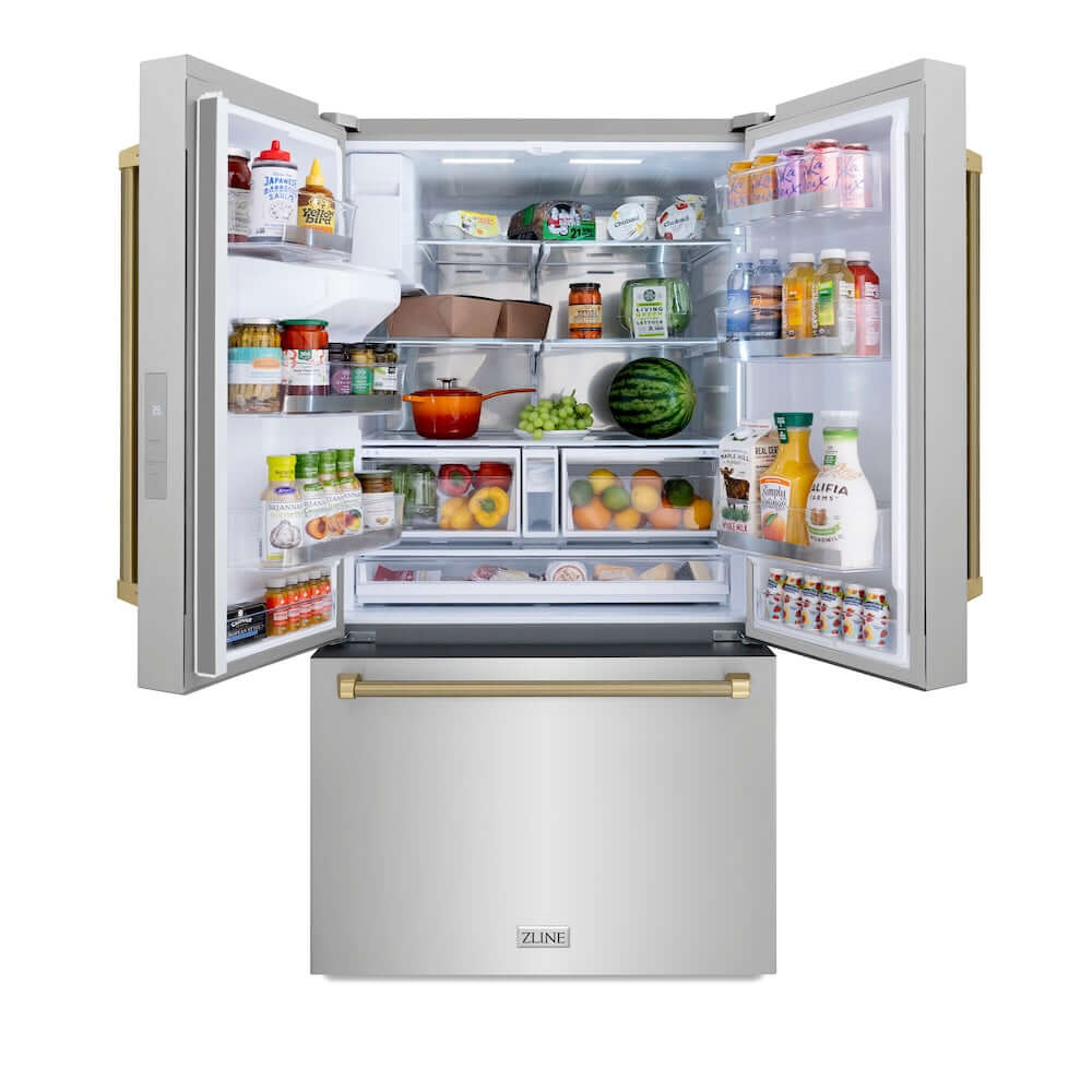 ZLINE Autograph Edition 36 in. 28.9 cu. ft. Standard-Depth French Door External Water Dispenser Refrigerator with Dual Ice Maker in Fingerprint-Resistant Stainless Steel and Champagne Bronze Helix Handles (RSMZ-W-36-KCB) front, open with various food and drink items on shelves and in door bins.