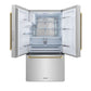 ZLINE Autograph Edition 36 in. 28.9 cu. ft. Standard-Depth French Door External Water Dispenser Refrigerator with Dual Ice Maker in Fingerprint-Resistant Stainless Steel and Champagne Bronze Helix Handles (RSMZ-W-36-KCB) front, open.