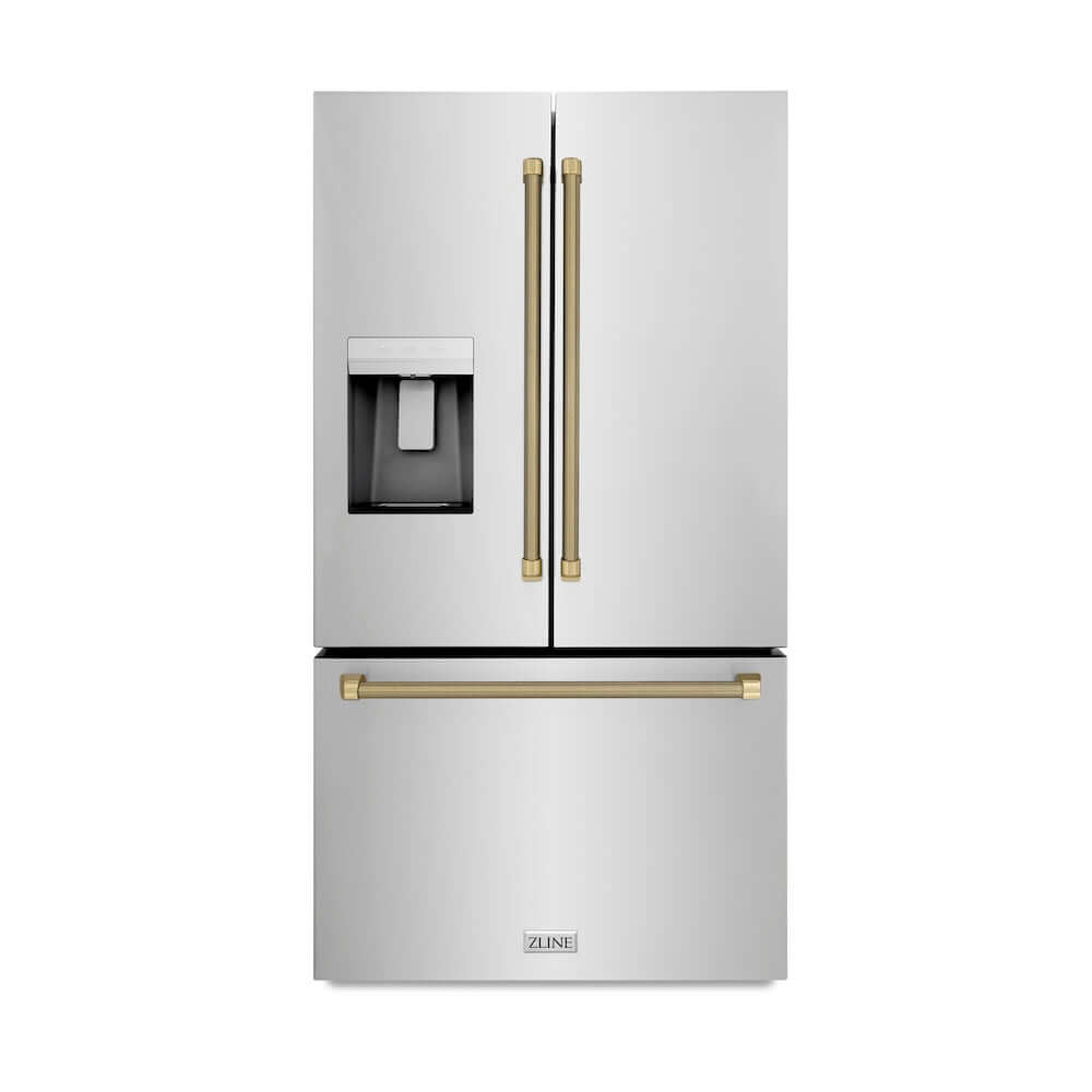 ZLINE Autograph Edition 36 in. 28.9 cu. ft. Standard-Depth French Door External Water Dispenser Refrigerator with Dual Ice Maker in Fingerprint-Resistant Stainless Steel and Champagne Bronze Helix Handles (RSMZ-W-36-KCB) main image.