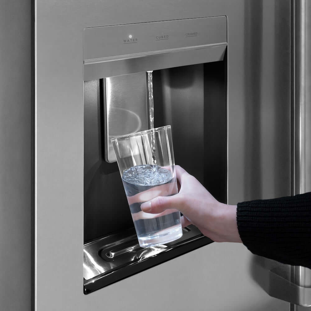 ZLINE Autograph Edition 36 in. 28.9 cu. ft. Standard-Depth French Door External Water Dispenser Refrigerator with Dual Ice Maker in Fingerprint-Resistant Stainless Steel and Champagne Bronze Helix Handles (RSMZ-W-36-KCB) using external water dispenser.