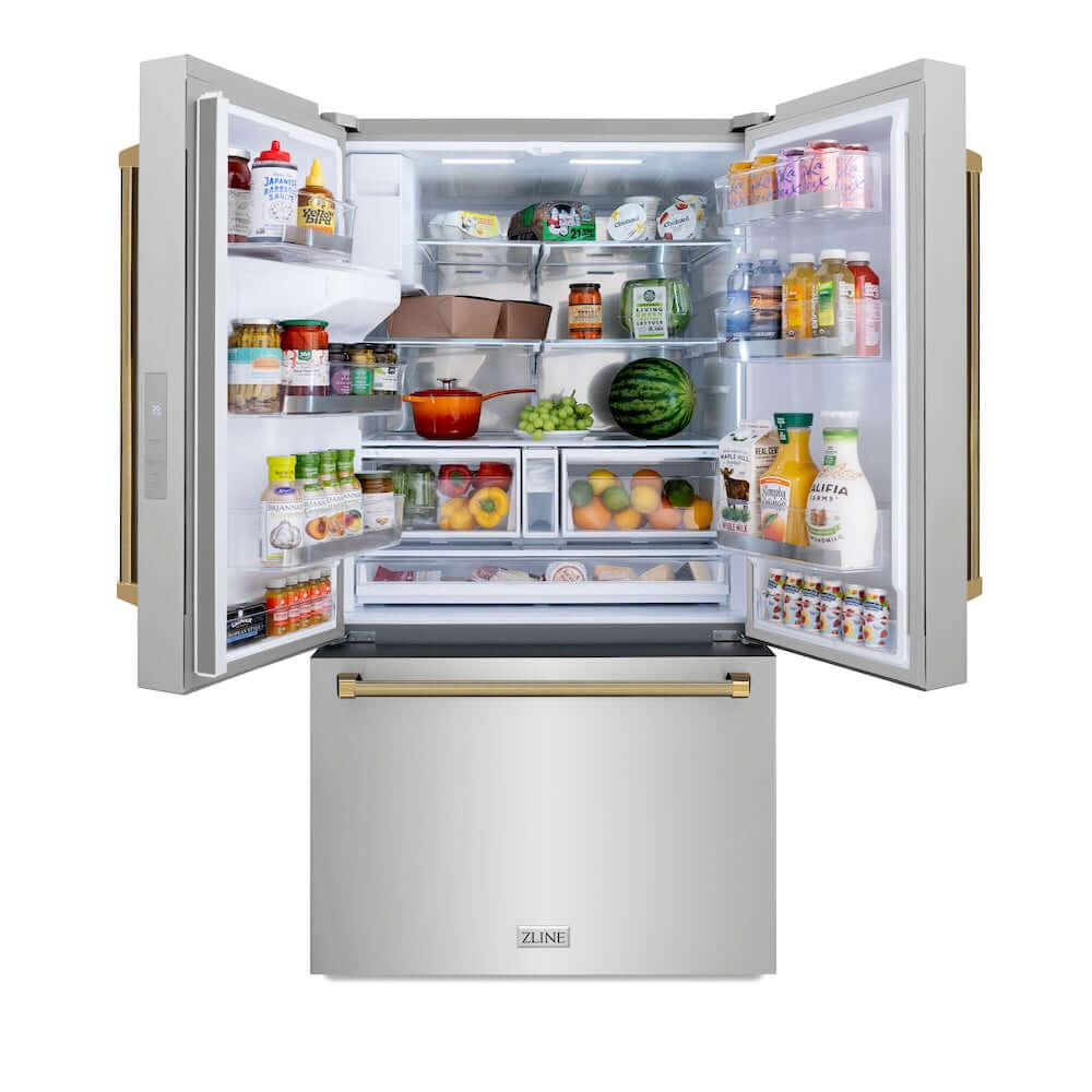 ZLINE Autograph Edition 36 in. 28.9 cu. ft. Standard-Depth French Door External Water Dispenser Refrigerator with Dual Ice Maker in Fingerprint-Resistant Stainless Steel and Polished Gold Helix Handles (RSMZ-W-36-KG) front, open with various food and drink items on shelves and in door bins.