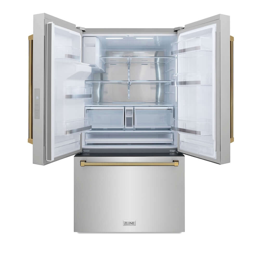 ZLINE Autograph Edition 36 in. 28.9 cu. ft. Standard-Depth French Door External Water Dispenser Refrigerator with Dual Ice Maker in Fingerprint-Resistant Stainless Steel and Polished Gold Helix Handles (RSMZ-W-36-KG) front, open.