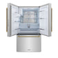 ZLINE Autograph Edition 36 in. 28.9 cu. ft. Standard-Depth French Door External Water Dispenser Refrigerator with Dual Ice Maker in Fingerprint-Resistant Stainless Steel and Polished Gold Helix Handles (RSMZ-W-36-KG) front, open.