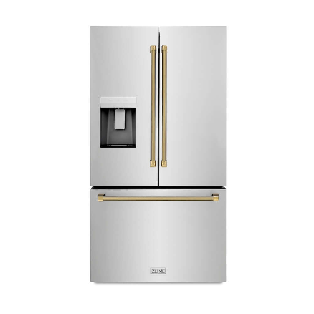 ZLINE Autograph Edition 36 in. 28.9 cu. ft. Standard-Depth French Door External Water Dispenser Refrigerator with Dual Ice Maker in Fingerprint-Resistant Stainless Steel and Polished Gold Helix Handles (RSMZ-W-36-KG) main image.