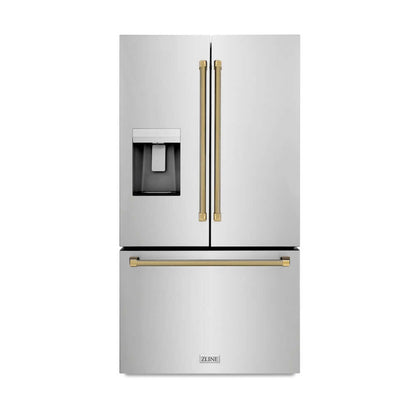ZLINE Autograph Edition 36 in. 28.9 cu. ft. Standard-Depth French Door External Water Dispenser Refrigerator with Dual Ice Maker in Fingerprint-Resistant Stainless Steel and Polished Gold Helix Handles (RSMZ-W-36-KG)