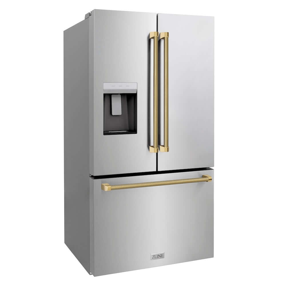 ZLINE Autograph Edition 36 in. 28.9 cu. ft. Standard-Depth French Door External Water Dispenser Refrigerator with Dual Ice Maker in Fingerprint-Resistant Stainless Steel and Polished Gold Helix Handles (RSMZ-W-36-KG) side.