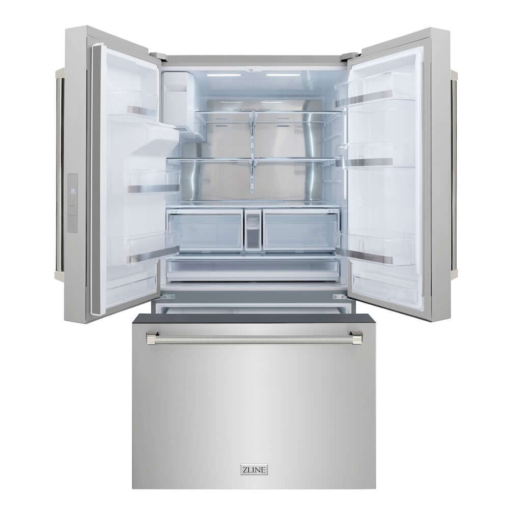 ZLINE Autograph Edition 36 in. 28.9 cu. ft. Standard-Depth French Door External Water Dispenser Refrigerator with Dual Ice Maker in Fingerprint-Resistant Stainless Steel and Polished Nickel Helix Handles (RSMZ-W-36-KPN) front, refrigeration compartment and bottom freezer open.