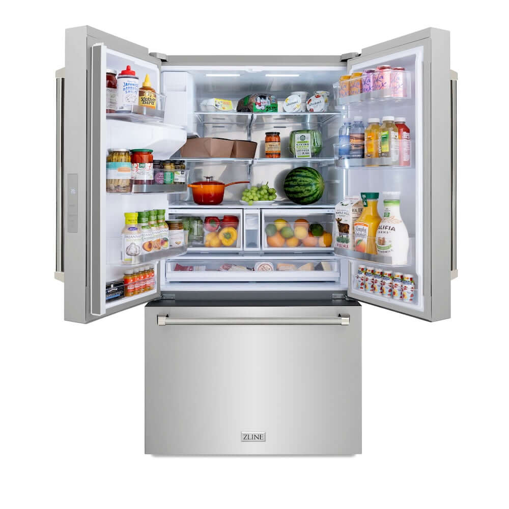 ZLINE Autograph Edition 36 in. 28.9 cu. ft. Standard-Depth French Door External Water Dispenser Refrigerator with Dual Ice Maker in Fingerprint-Resistant Stainless Steel and Polished Nickel Helix Handles (RSMZ-W-36-KPN) front, open with various food and drink items on shelves and in door bins.