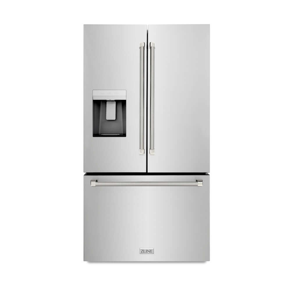 ZLINE Autograph Edition 36 in. 28.9 cu. ft. Standard-Depth French Door External Water Dispenser Refrigerator with Dual Ice Maker in Fingerprint-Resistant Stainless Steel and Polished Nickel Helix Handles (RSMZ-W-36-KPN) main image.
