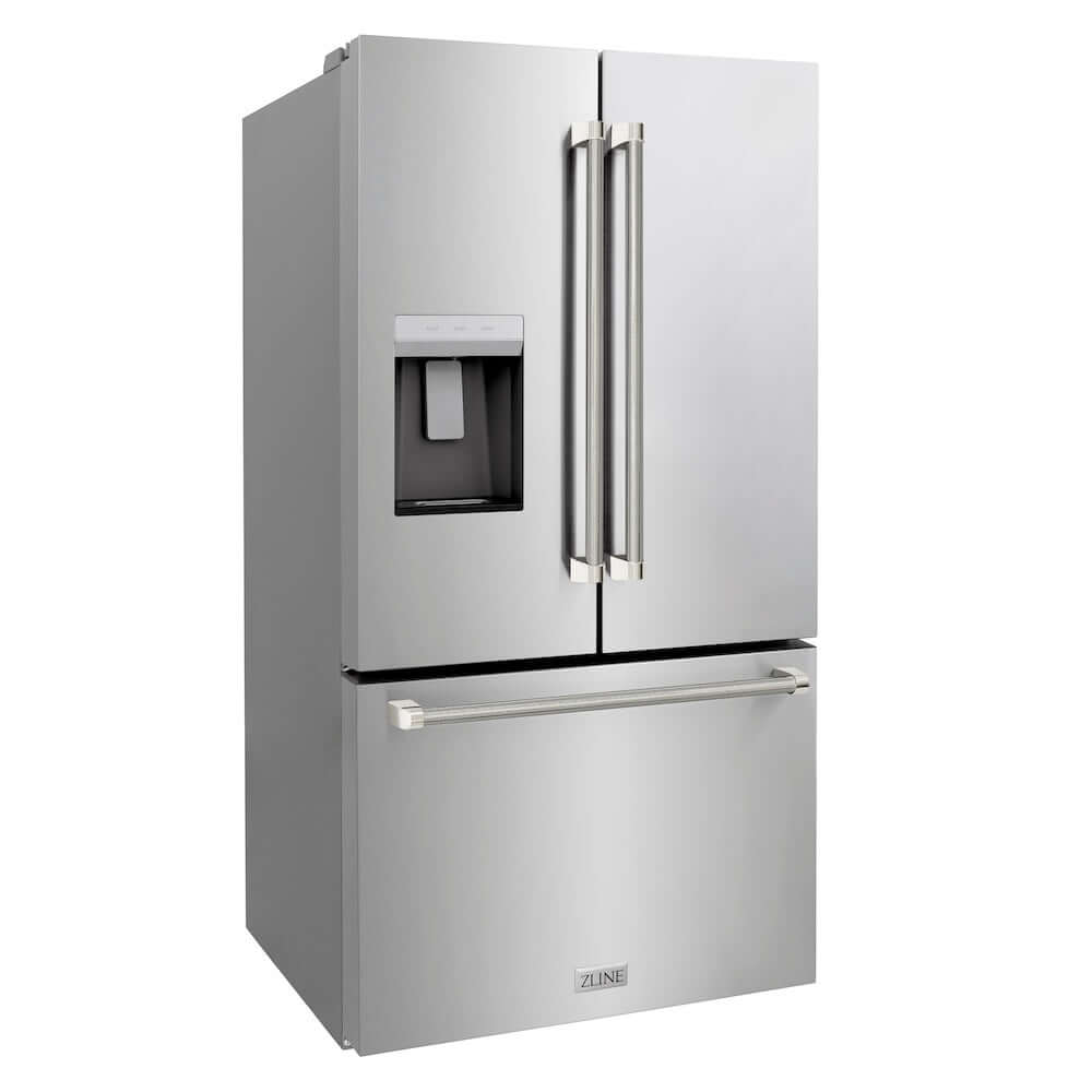 ZLINE Autograph Edition 36 in. 28.9 cu. ft. Standard-Depth French Door External Water Dispenser Refrigerator with Dual Ice Maker in Fingerprint-Resistant Stainless Steel and Polished Nickel Helix Handles (RSMZ-W-36-KPN) side.