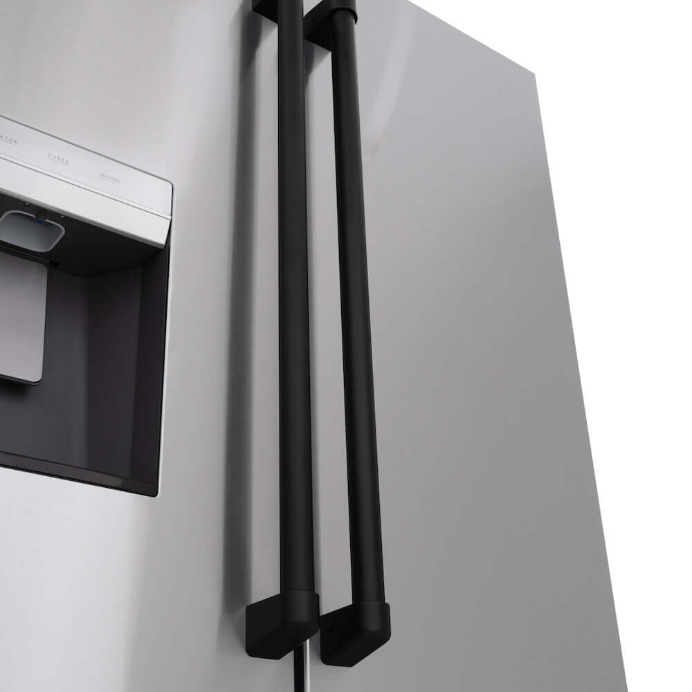 ZLINE Autograph Edition 36 in. 28.9 cu. ft. Standard-Depth French Door External Water Dispenser Refrigerator with Dual Ice Maker in Fingerprint Resistant Stainless Steel and Matte Black Handles (RSMZ-W-36-MB) close-up handles on refrigeration compartment French doors.