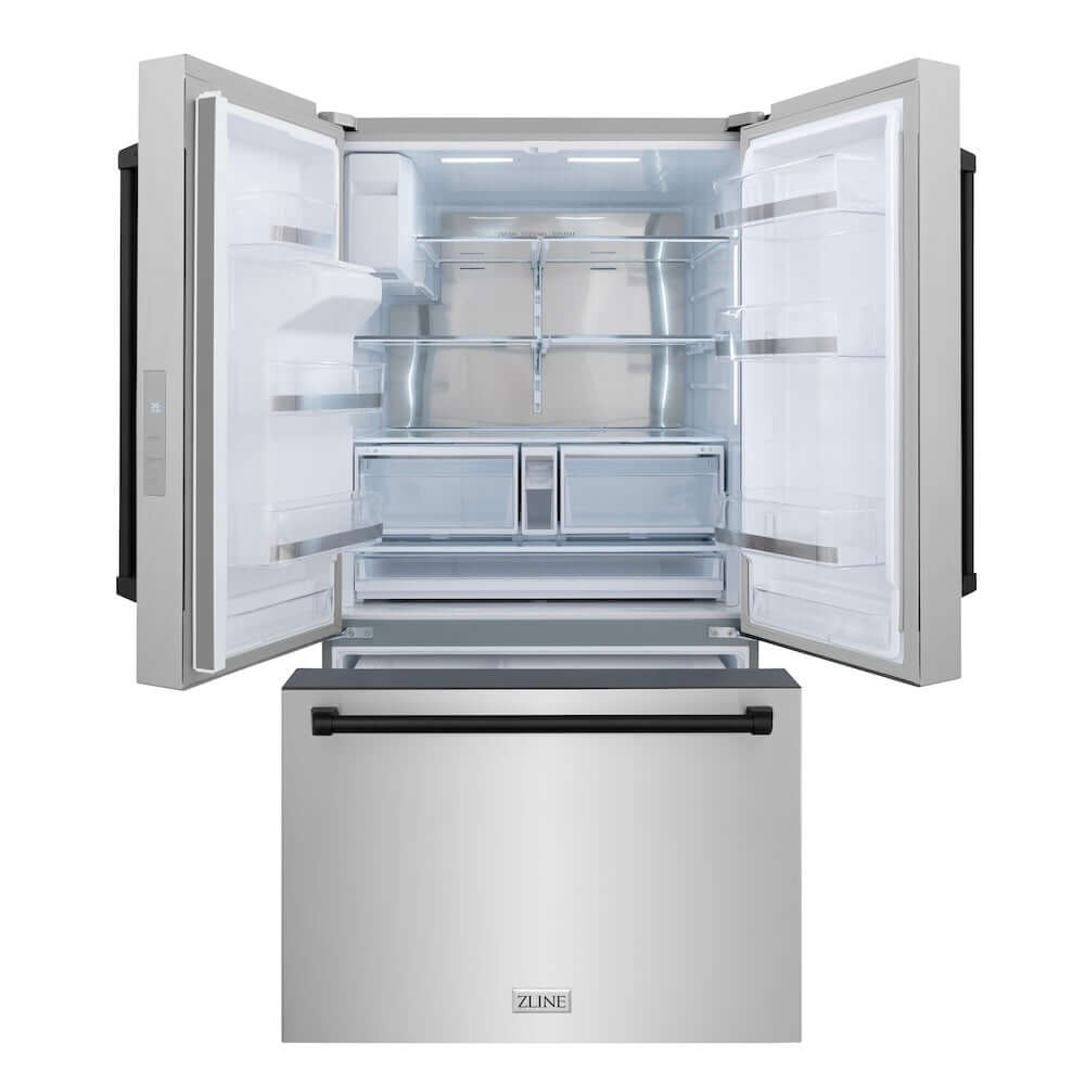 ZLINE Autograph Edition 36 in. 28.9 cu. ft. Standard-Depth French Door External Water Dispenser Refrigerator with Dual Ice Maker in Fingerprint-Resistant Stainless Steel and Matte Black Traditional Handles (RSMZ-W-36-MB) front, bottom freezer drawer and refrigeration compartment open.