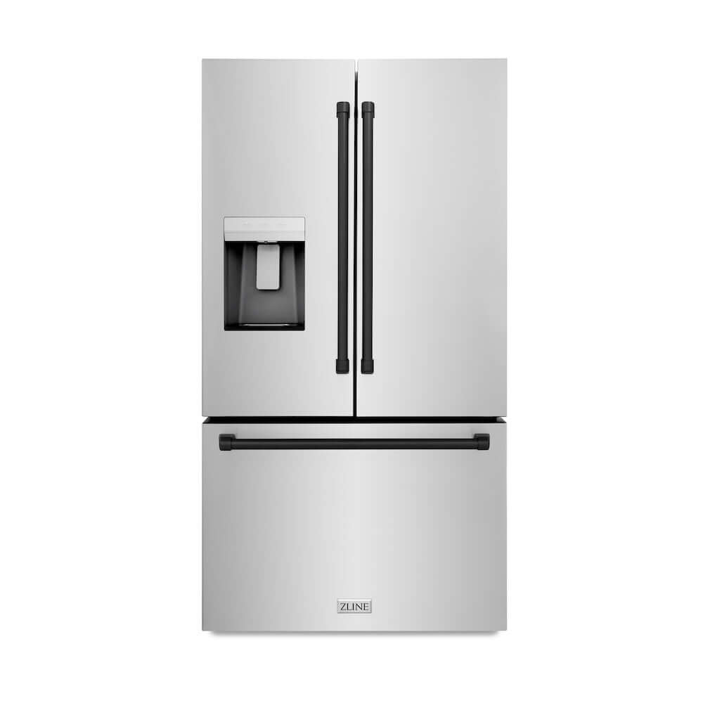 ZLINE Autograph Edition 36 in. 28.9 cu. ft. Standard-Depth French Door External Water Dispenser Refrigerator with Dual Ice Maker in Fingerprint-Resistant Stainless Steel and Matte Black Traditional Handles (RSMZ-W-36-MB) main image.