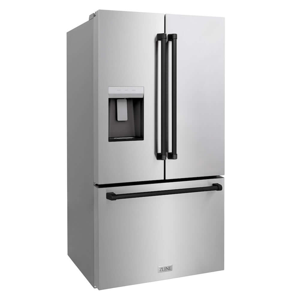 ZLINE Autograph Edition 36 in. 28.9 cu. ft. Standard-Depth French Door External Water Dispenser Refrigerator with Dual Ice Maker in Fingerprint Resistant Stainless Steel and Matte Black Handles (RSMZ-W-36-MB) side, closed.