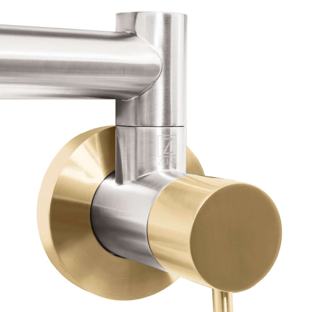 ZLINE Autograph Edition Gemini Pot Filler in Brushed Nickel and Champagne Bronze (GEM-FPF-ZBNCB) mount and handle.