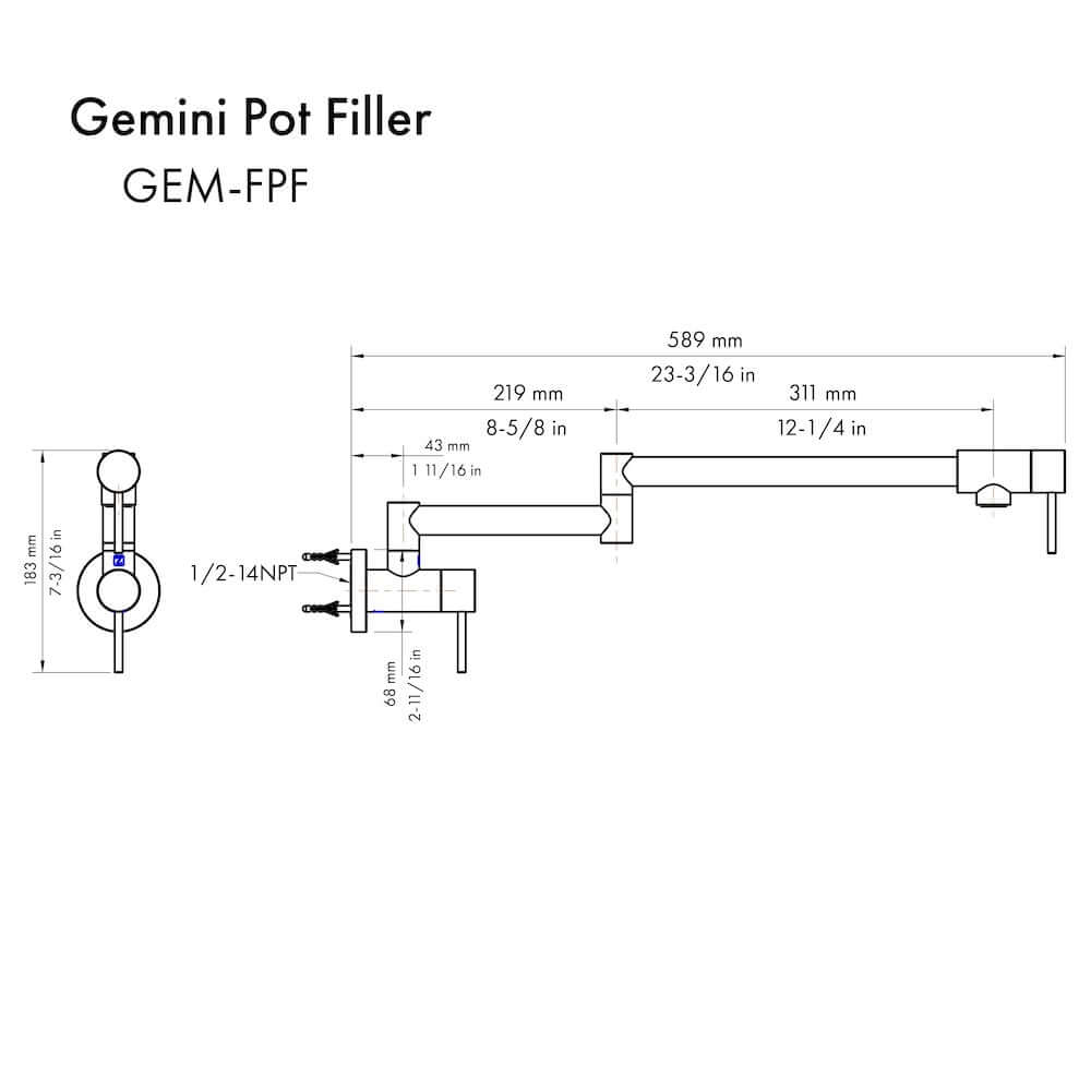 ZLINE Autograph Edition Gemini Pot Filler in Matte Black and Champagne Bronze (GEM-FPF-ZMBCB) dimensional diagram.