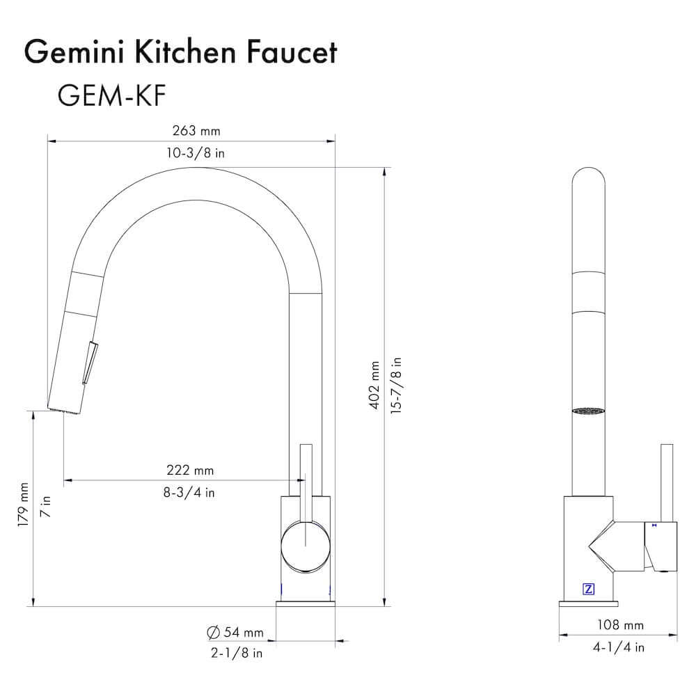 ZLINE Autograph Edition Gemini Pull Down Single Handle Kitchen Faucet in Brushed Nickel and Champagne Bronze (GEM-KF-ZBNCB) dimensional diagram.