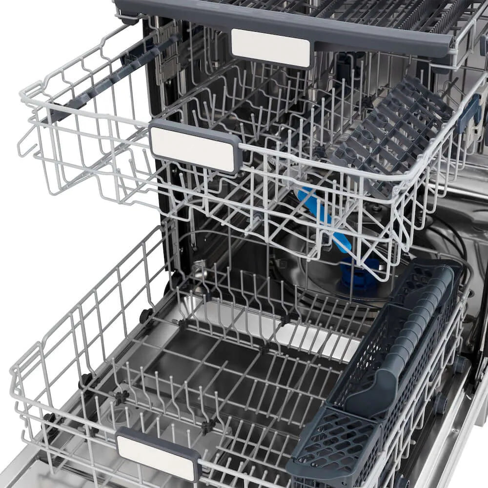ZLINE Autograph Edition 24 in. Monument Series 3rd Rack Top Touch Control Tall Tub Dishwasher in Custom Panel Ready with Champagne Bronze Handle, 45dBa (DWMTZ-24-CB) adjustable dish racks.