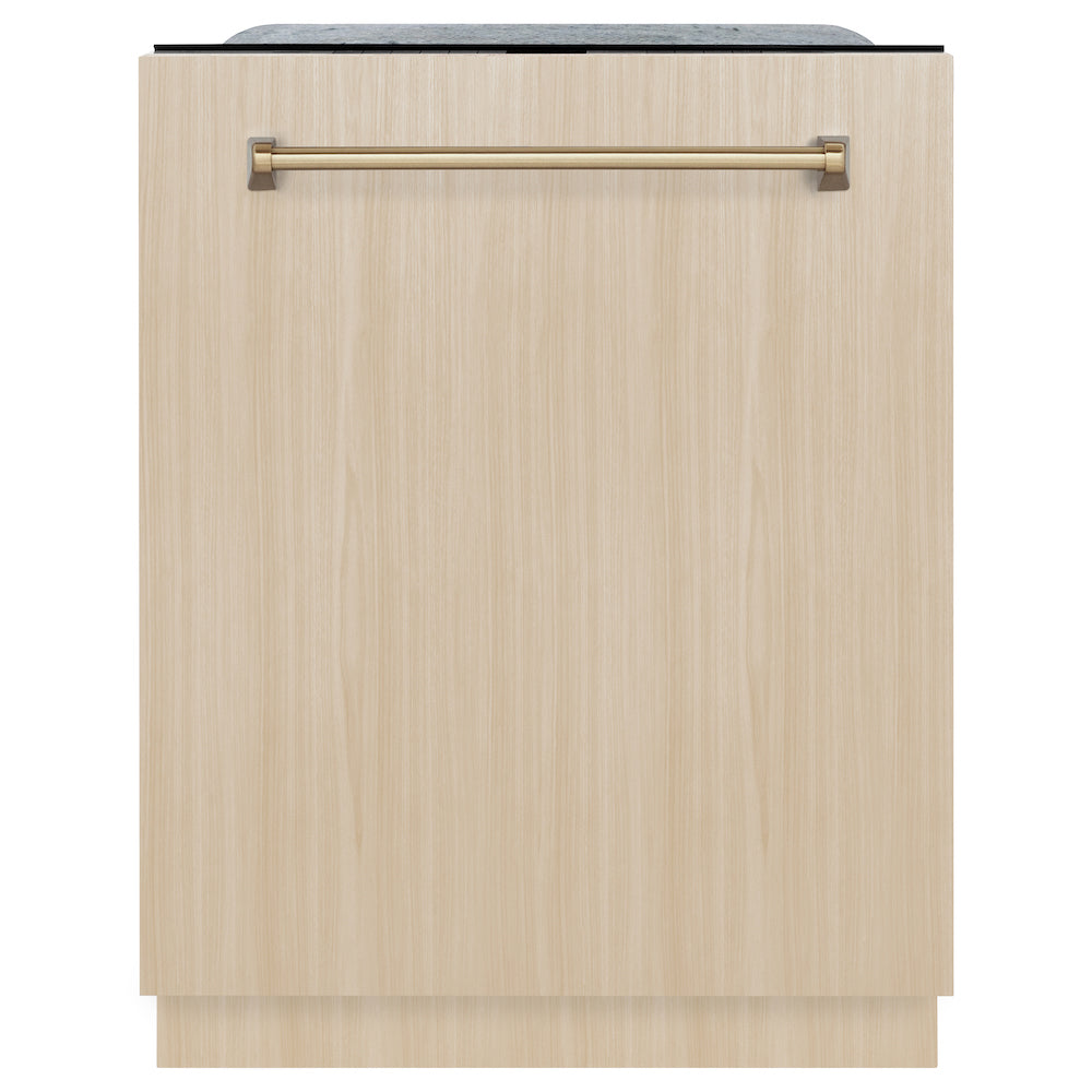 ZLINE Autograph Edition 24 in. Monument Tall Tub Panel Ready Dishwasher with Champagne Bronze Handle installed on Custom Panel front. 