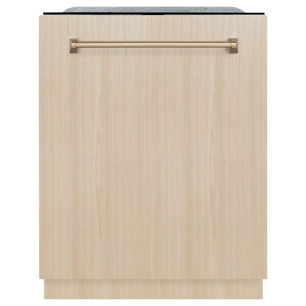 ZLINE Autograph Edition 24 in. Monument Series 3rd Rack Top Touch Control Tall Tub Dishwasher in Custom Panel Ready with Champagne Bronze Handle, 45dBa (DWMTZ-24-CB) front, closed, with custom wood panels.
