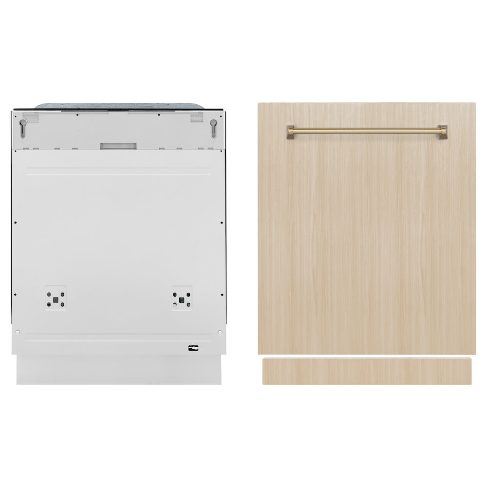 ZLINE Autograph Edition 24 in. Monument Series 3rd Rack Top Touch Control Tall Tub Dishwasher panel ready with Champagne Bronze handle on custom wood panel (not included).