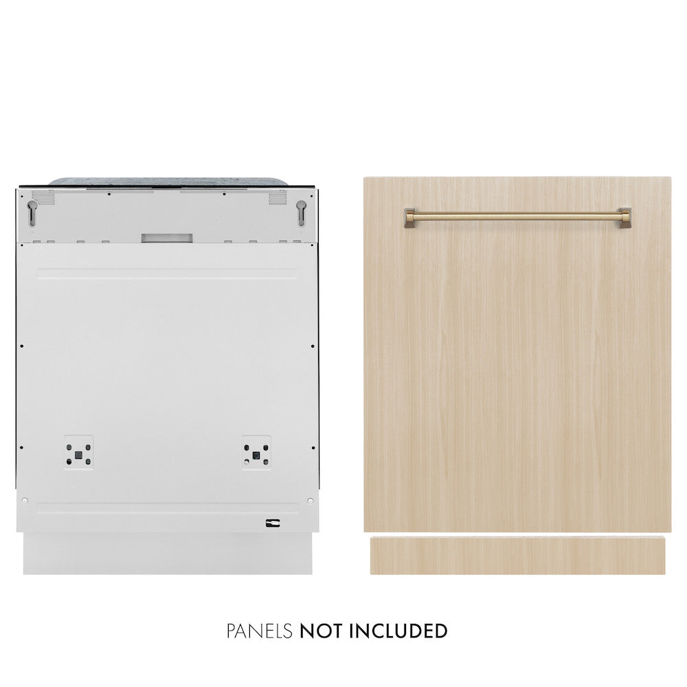 ZLINE Autograph Edition 24 in. Monument Series 3rd Rack Top Touch Control Tall Tub Dishwasher panel ready with Champagne Bronze handle on custom wood panel. Text: Panel not included.