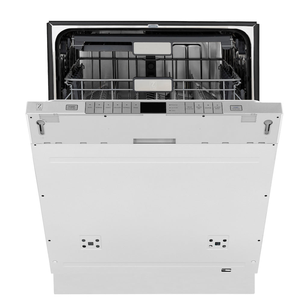 ZLINE Autograph Edition 24 in. Monument Series 3rd Rack Top Touch Control Tall Tub Dishwasher in Custom Panel Ready with Polished Gold Handle, 45dBa (DWMTZ-24-G) front, half open.