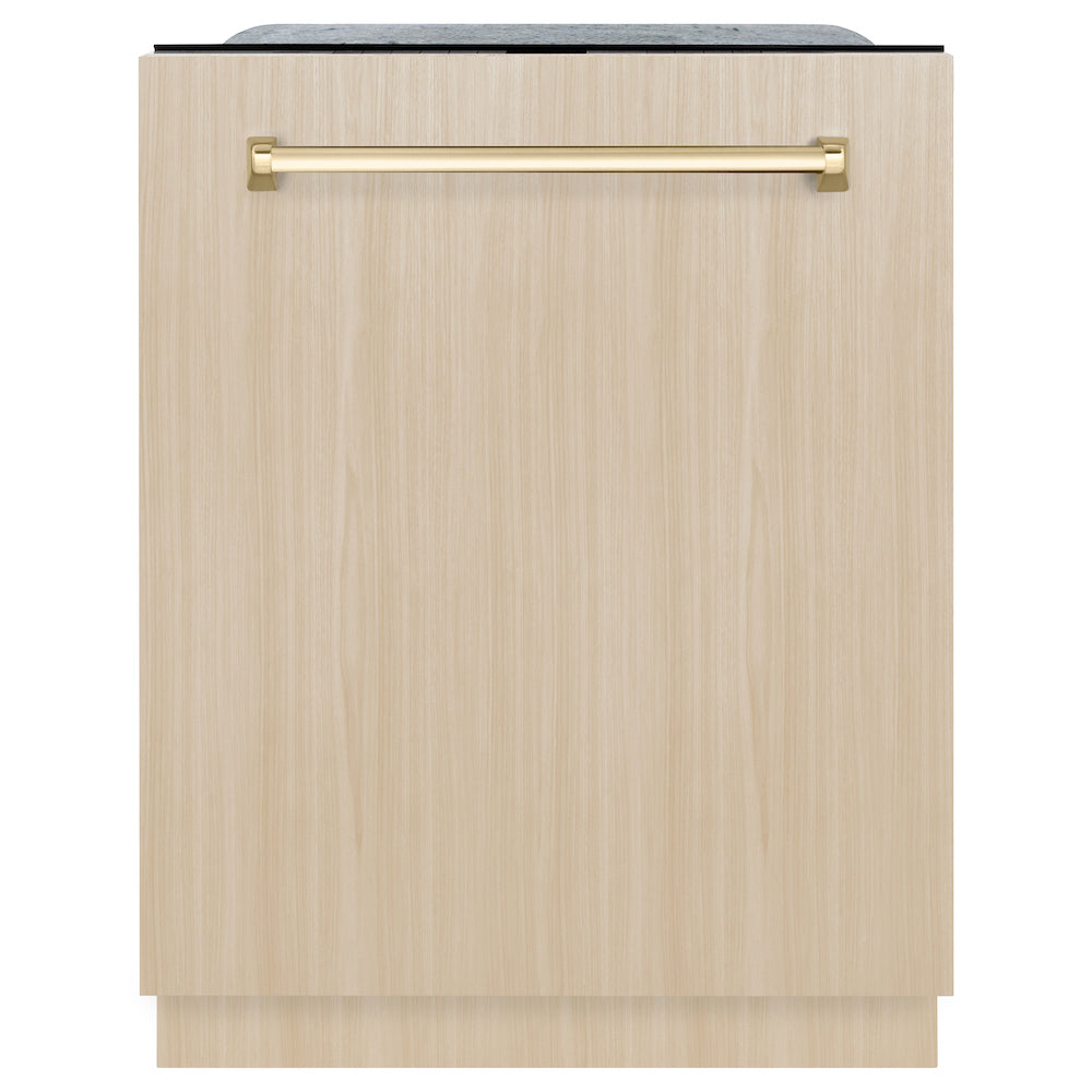 ZLINE Autograph Edition 24 in. Monument Tall Tub Panel Ready Dishwasher with Polished Gold Handle installed on Custom Panel front. 