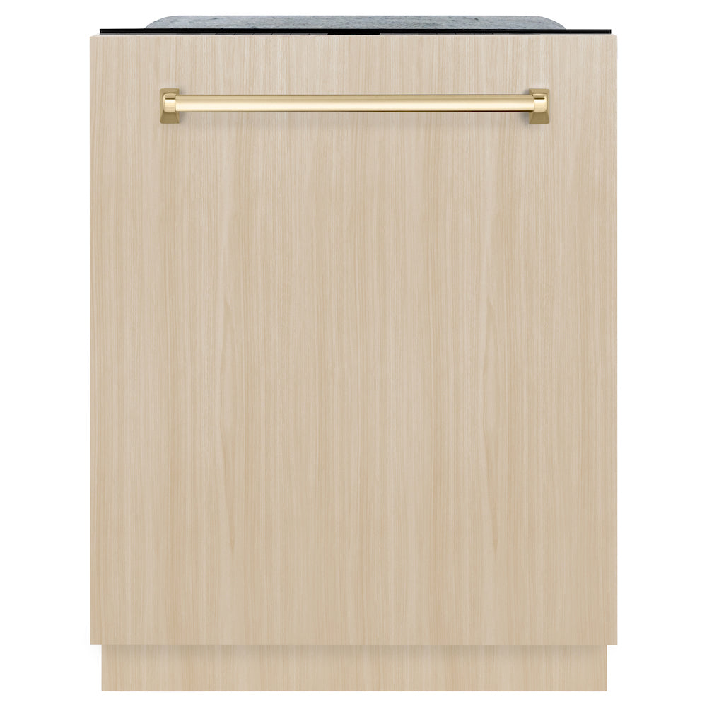 ZLINE Autograph Edition 24 in. Monument Series 3rd Rack Top Touch Control Tall Tub Dishwasher in Custom Panel Ready with Polished Gold Handle, 45dBa (DWMTZ-24-G) front, closed, with custom wood panels.