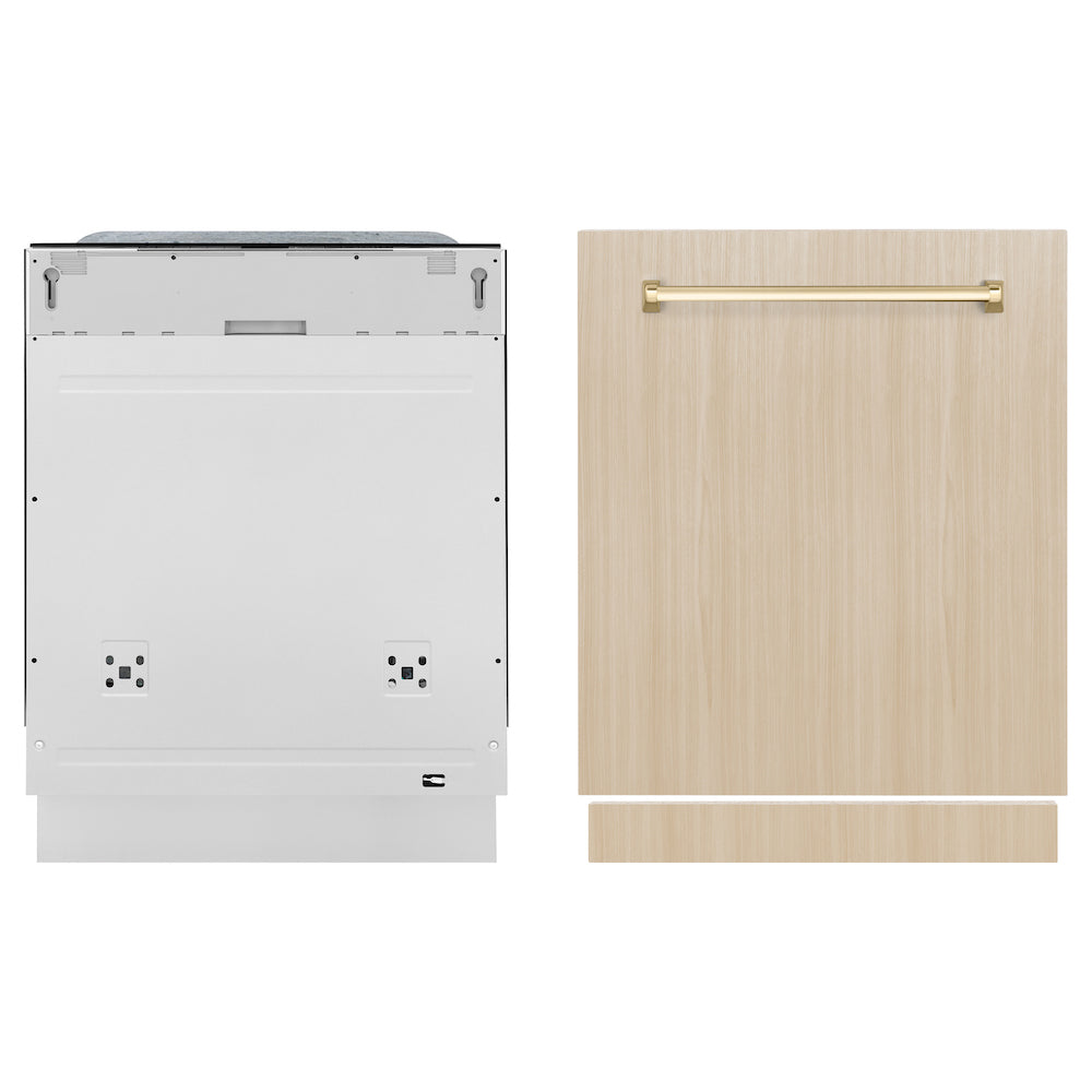 ZLINE Autograph Edition 24 in. Monument Series 3rd Rack Top Touch Control Tall Tub Dishwasher panel ready with Polished Gold handle on custom wood panel (not included).