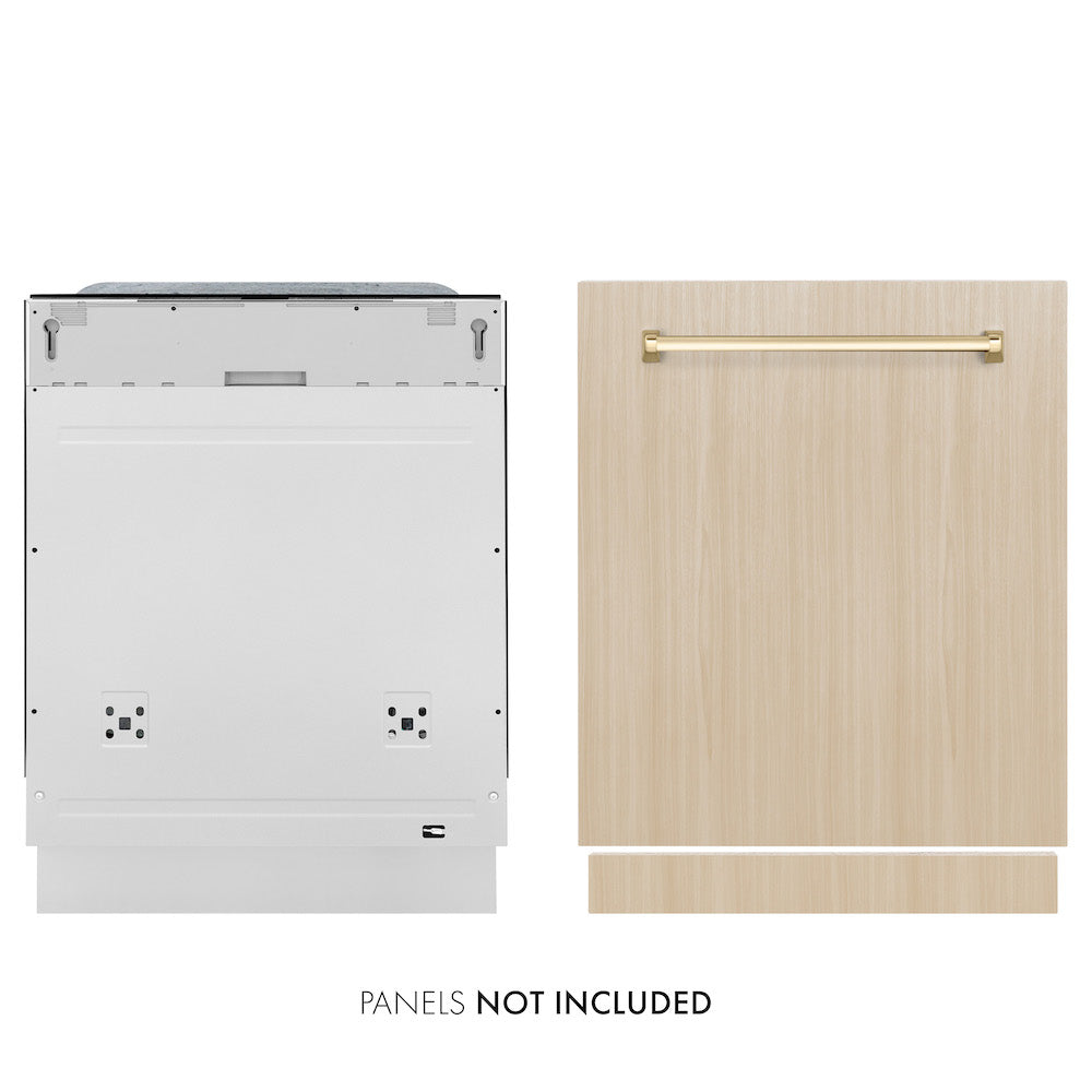 ZLINE Autograph Edition 24 in. Monument Series 3rd Rack Top Touch Control Tall Tub Dishwasher panel ready with Polished Gold handle on custom wood panel. Text: Panel not included.