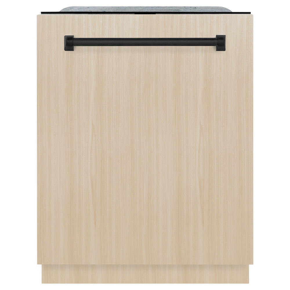 ZLINE Autograph Edition 24 in. Monument Tall Tub Panel Ready Dishwasher with Matte Black Handle installed on Custom Panel front. 
