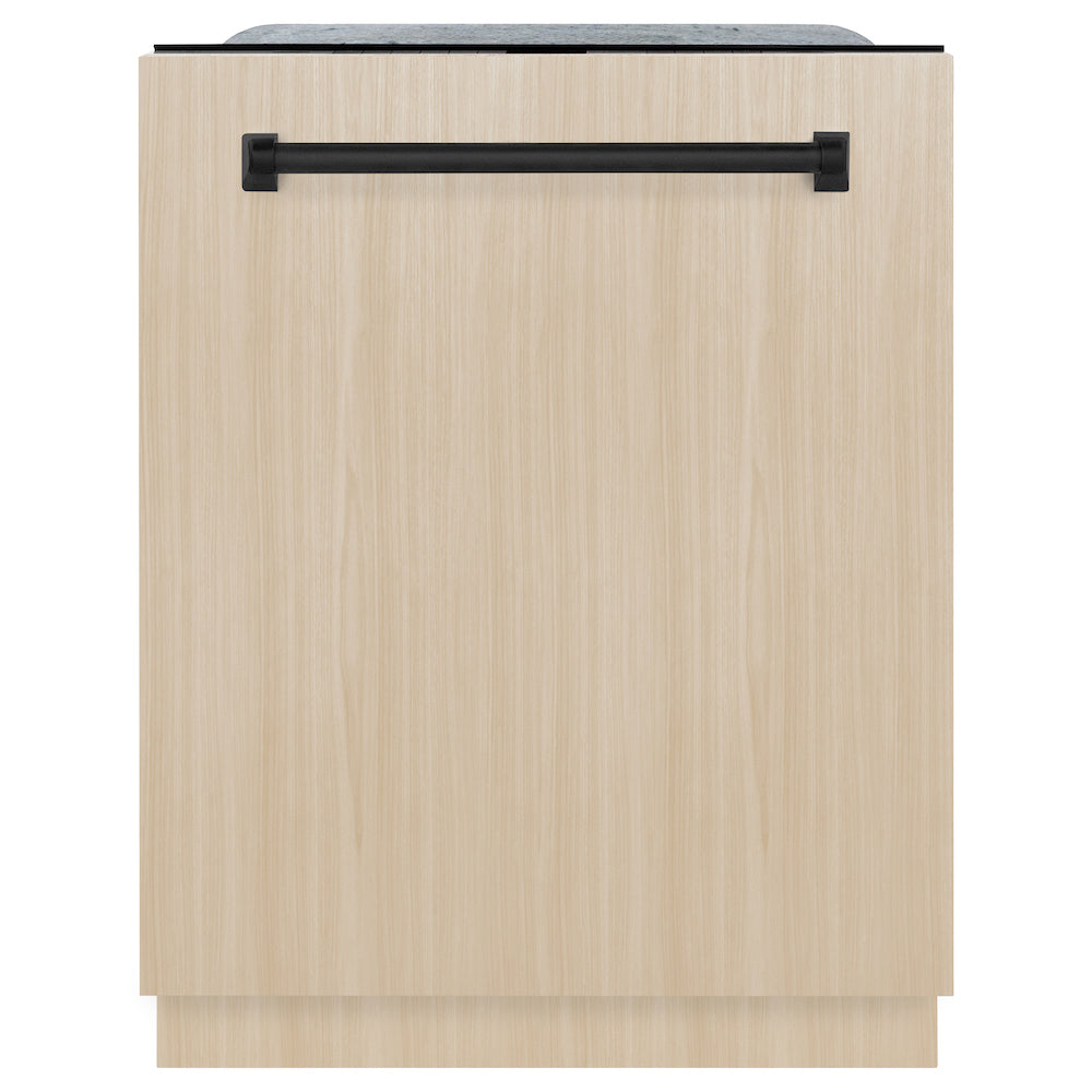 ZLINE Autograph Edition 24 in. Monument Series 3rd Rack Top Touch Control Tall Tub Dishwasher in Custom Panel Ready with Matte Black Handle, 45dBa (DWMTZ-24-MB) front, closed, with custom wood panels.