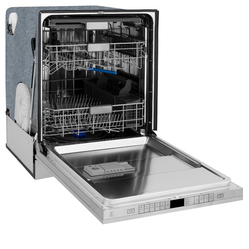 ZLINE Autograph Edition 24 in. Monument Series 3rd Rack Top Touch Control Tall Tub Dishwasher in Custom Panel Ready with Matte Black Handle, 45dBa (DWMTZ-24-MB) side, open.