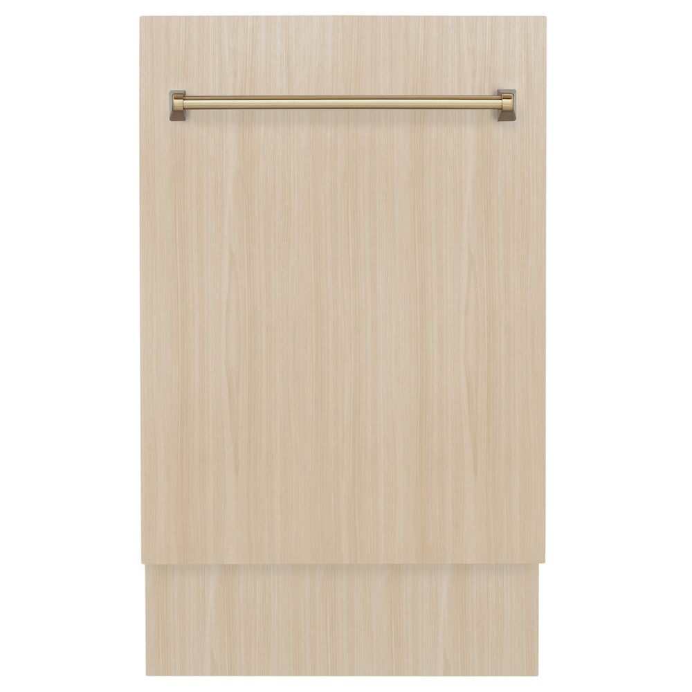 ZLINE Autograph Edition 18" Panel Ready Tallac dishwasher with Champagne Bronze handle on custom panel.