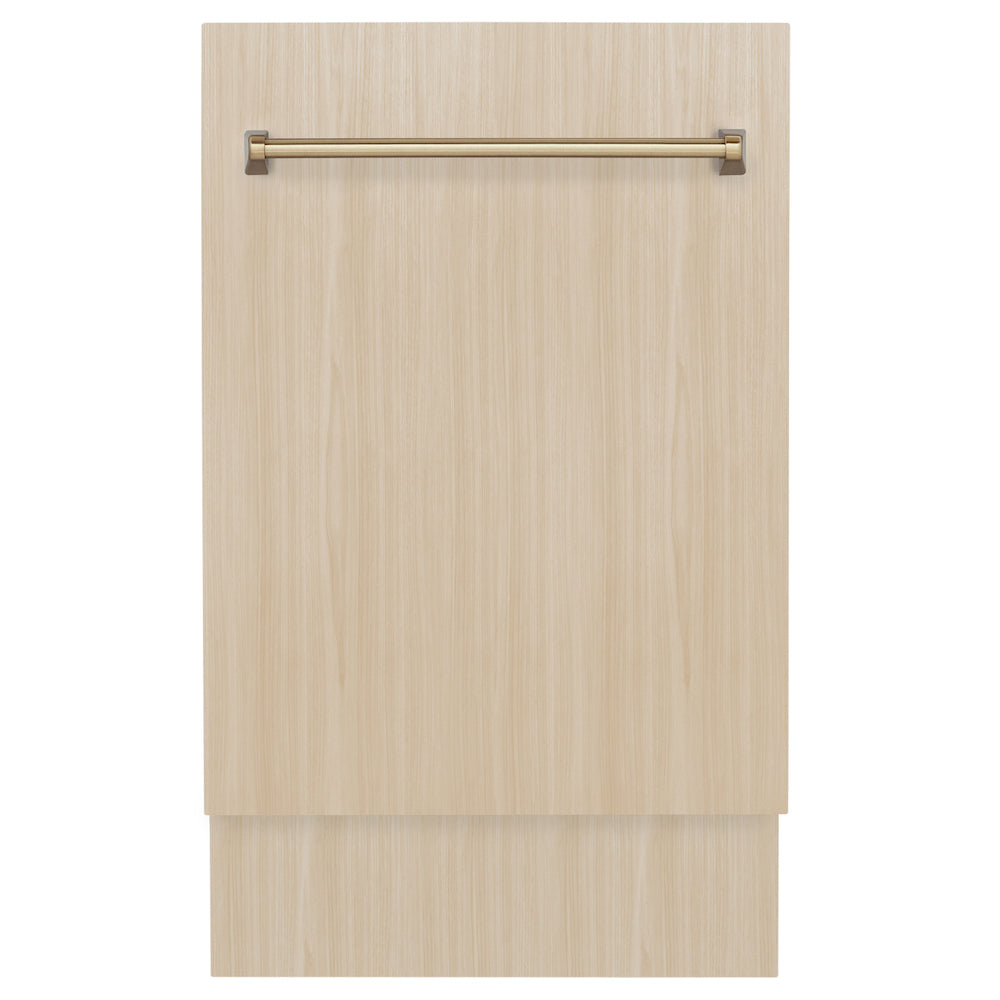 ZLINE Autograph Edition 18 in. Tallac Series 3rd Rack Top Control Dishwasher in Custom Panel Ready with Champagne Bronze Handle, 51dBa (DWVZ-18-CB) front, closed, with custom wood panels.