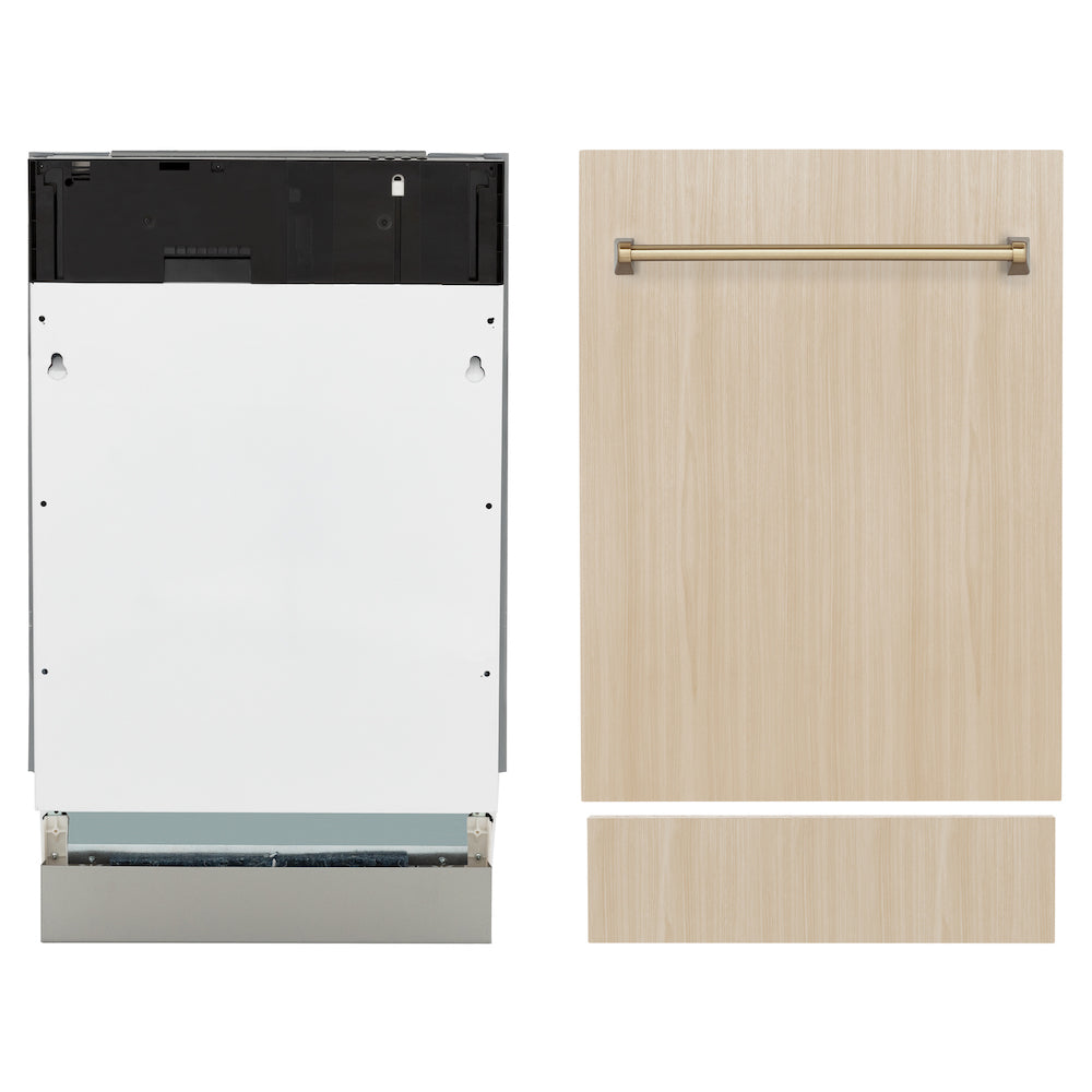 ZLINE Autograph Edition Panel Ready Tallac dishwasher next to included handle on custom panel front.
