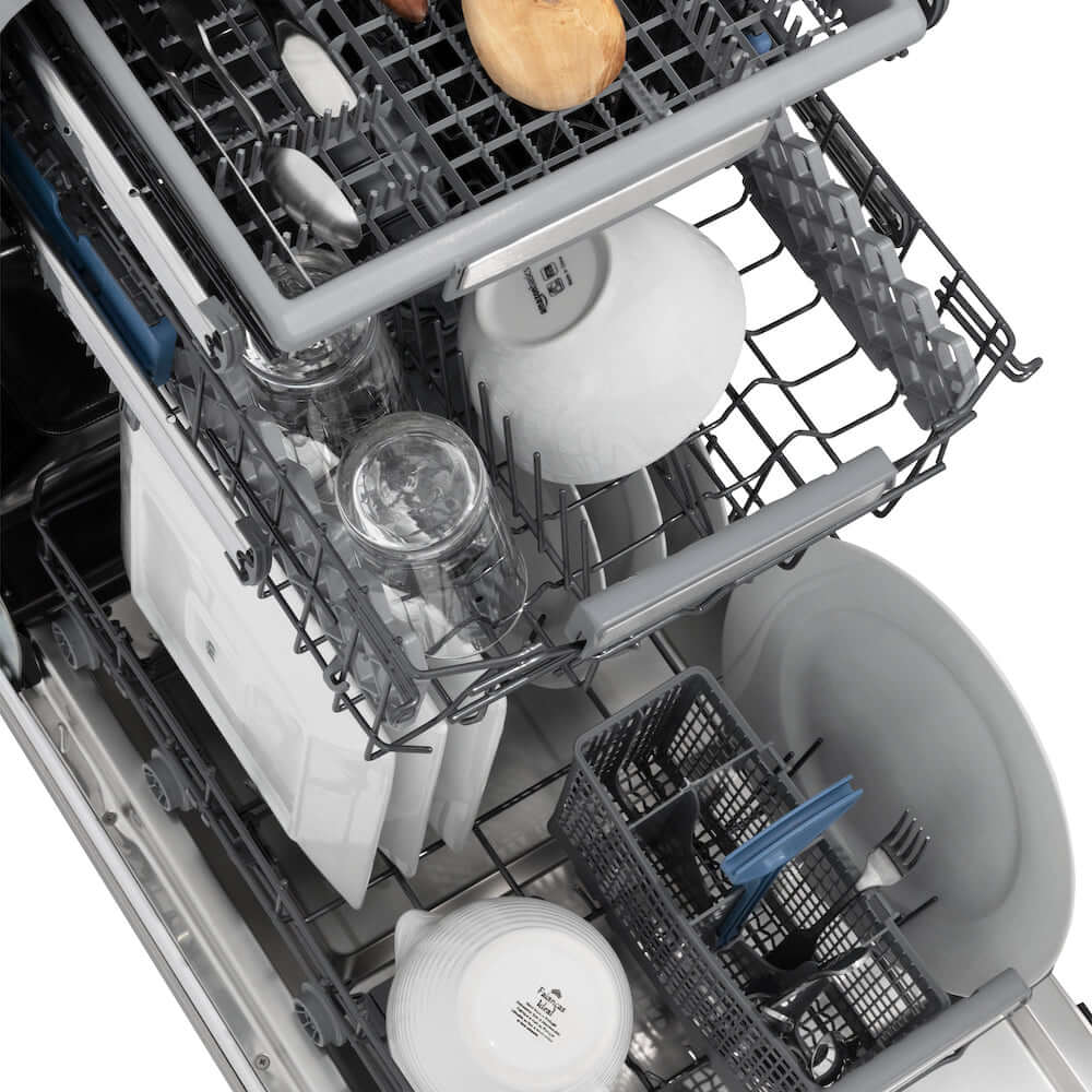 ZLINE Autograph Edition 18" Panel Ready Tallac dishwasher top down with dishes on dish racks.