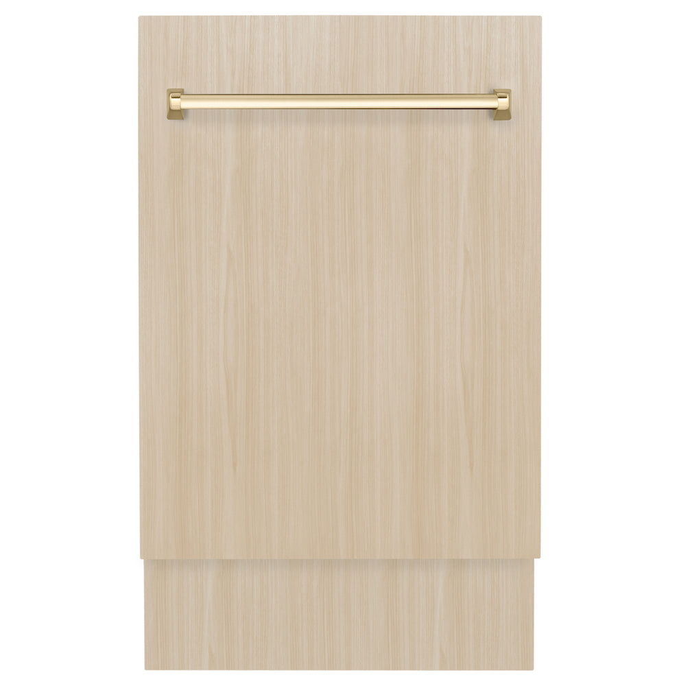 ZLINE Autograph Edition 18" Panel Ready Tallac dishwasher with Polished Gold handle on custom panel.