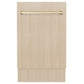 ZLINE Autograph Edition 18 in. Tallac Series 3rd Rack Top Control Dishwasher in Custom Panel Ready with Polished Gold Handle, 51dBa (DWVZ-18-G) front, closed, with custom wood panels.
