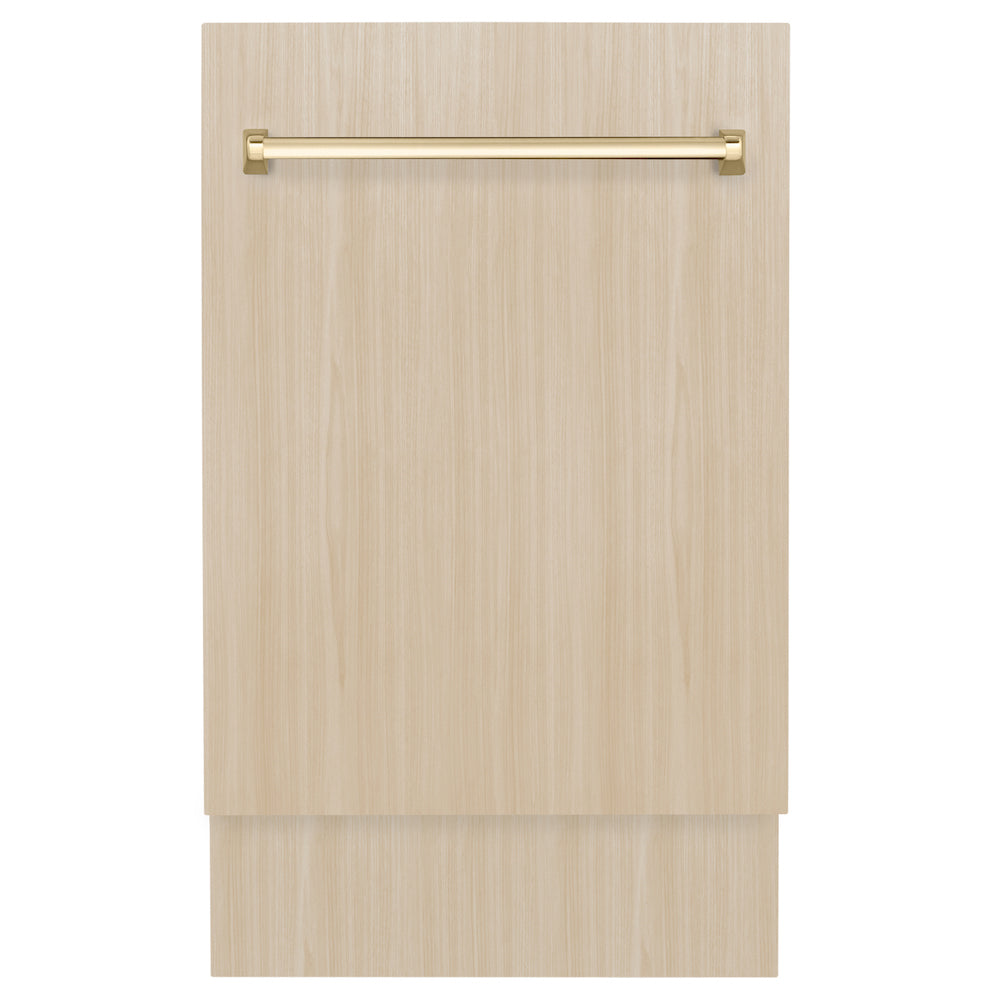 ZLINE Autograph Edition 18 in. Tallac Series 3rd Rack Top Control Dishwasher in Custom Panel Ready with Polished Gold Handle, 51dBa (DWVZ-18-G) front, closed, with custom wood panels.