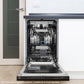 ZLINE Autograph Edition 18 in. Tallac Series 3rd Rack Top Control Dishwasher in Custom Panel Ready with Polished Gold Handle, 51dBa (DWVZ-18-G) built-in to cabinets in a luxury kitchen.