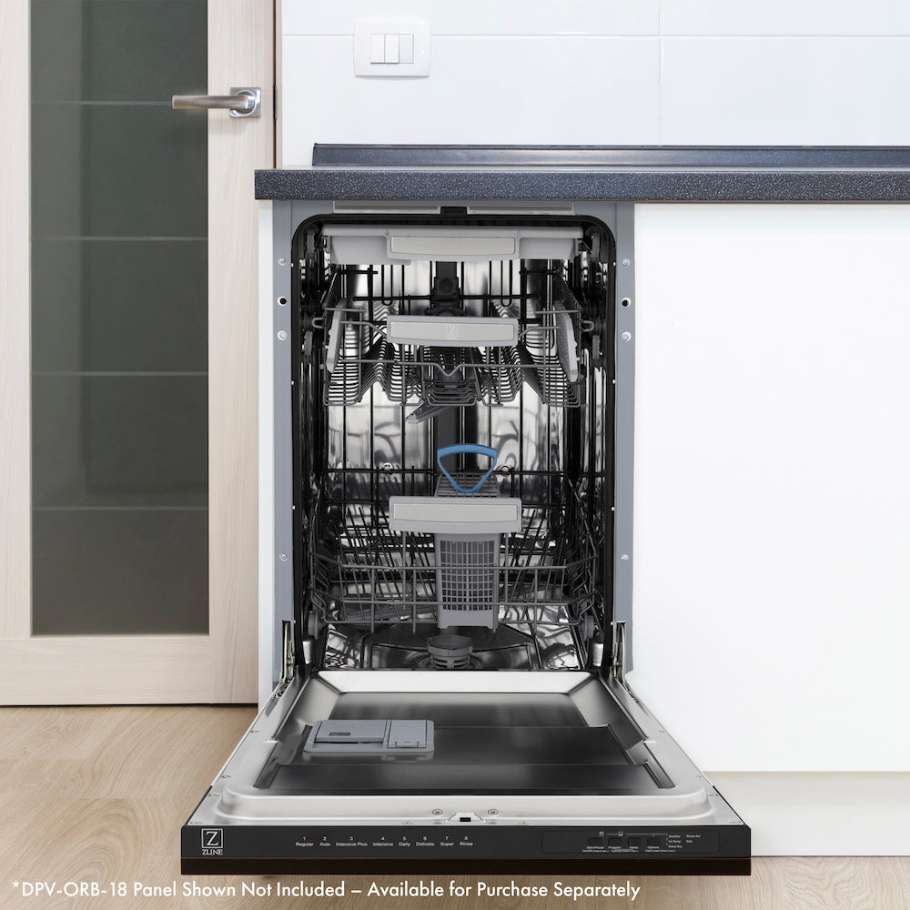 ZLINE Autograph Edition 18 in. Tallac Series 3rd Rack Top Control Dishwasher in Custom Panel Ready with Polished Gold Handle, 51dBa (DWVZ-18-G) built-in to cabinets in a luxury kitchen.