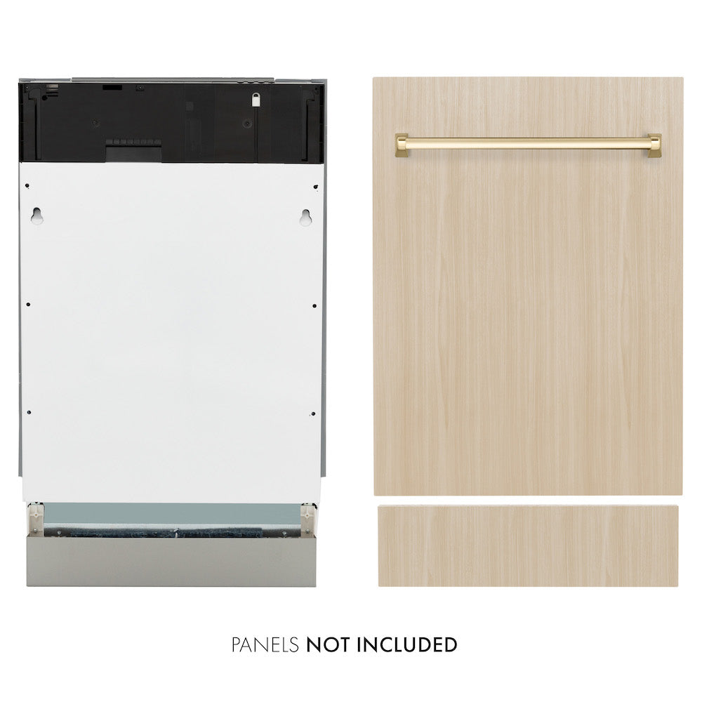 ZLINE Autograph Edition 18" Panel Ready Tallac dishwasher next to Polished Gold handle on custom panel. Text: Panel not included.